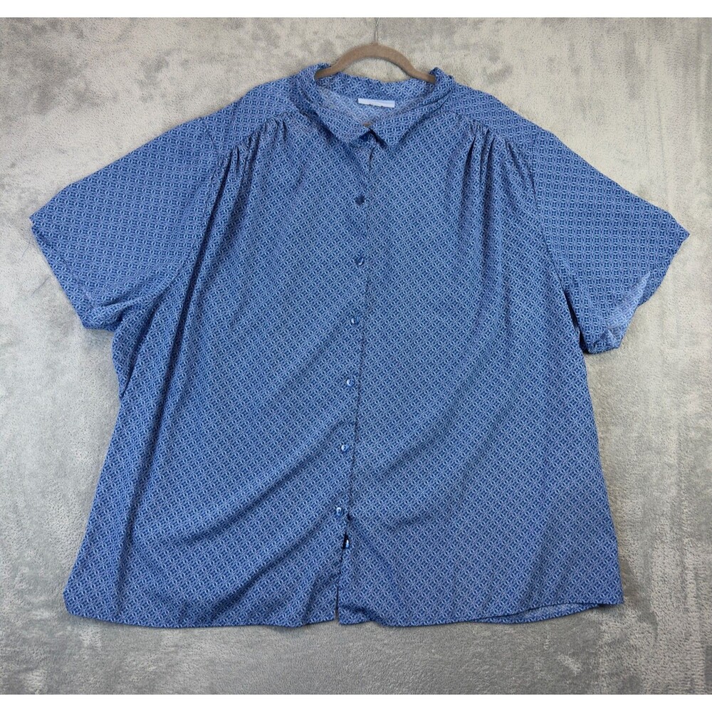 Only Necessities Shirt Womens 4X Blue Plus Size Button Up Short Sleeve Geometric